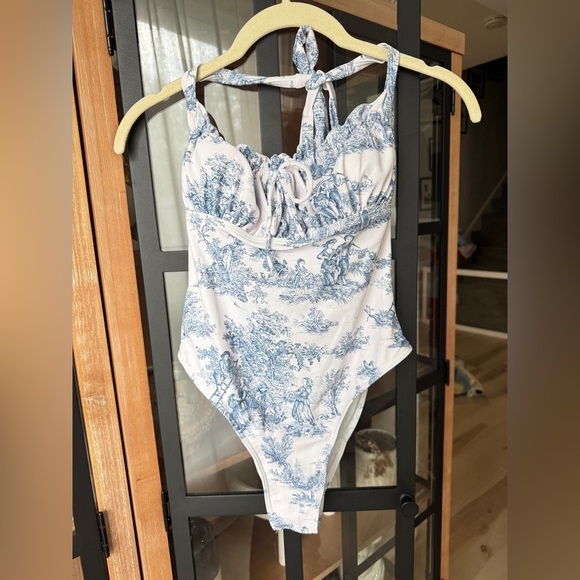 Cider Toile Print one piece swimsuit halter bow ruched de jouy grandmillenial - Picture 4 of 11